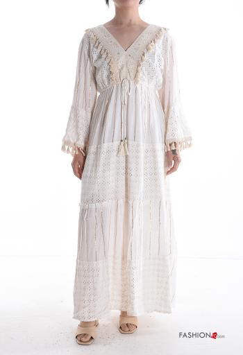 Embroidered long sleeve Dress with flounces broderie anglaise with v-neck