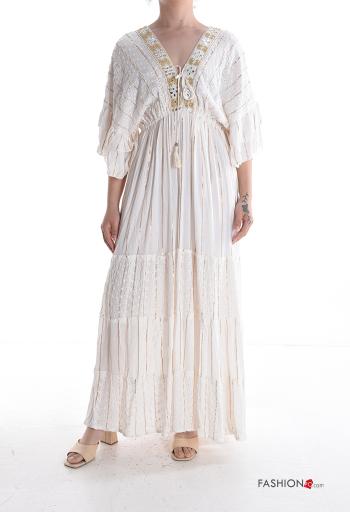 Embroidered lurex Dress with flounces 3/4 sleeve with v-neck