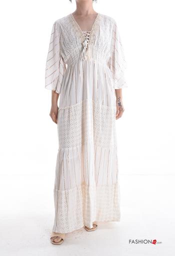 Embroidered backless Dress with v-neck broderie anglaise 3/4 sleeve with flounces