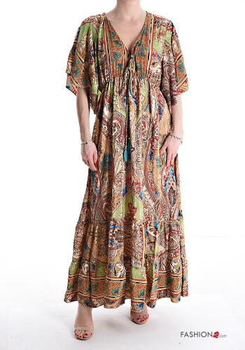 Robe en Soie manches courtes longue Imprimé jacquard à volants à col en V - ph 1