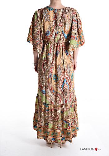 Robe en Soie manches courtes longue Imprimé jacquard à volants à col en V - ph 2