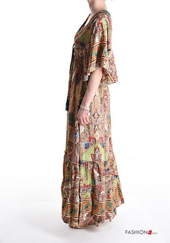 Robe en Soie manches courtes longue Imprimé jacquard à volants à col en V - ph 3
