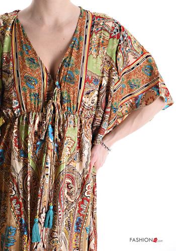 Robe en Soie manches courtes longue Imprimé jacquard à volants à col en V - ph 4