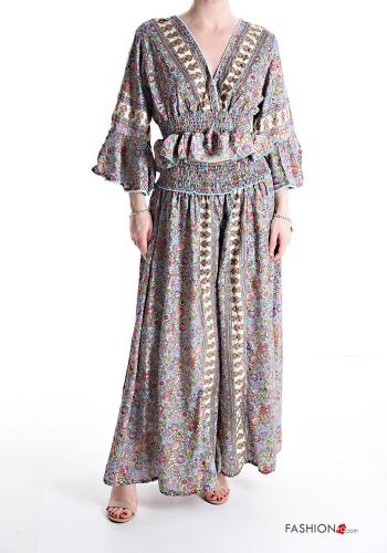 Floral extra long sleeve wide leg Silk Co-ord with v-neck