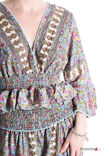 Floral extra long sleeve wide leg Silk Co-ord with v-neck - ph 4