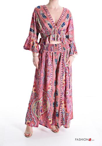 Jacquard print long sleeve wide leg Silk Co-ord with v-neck