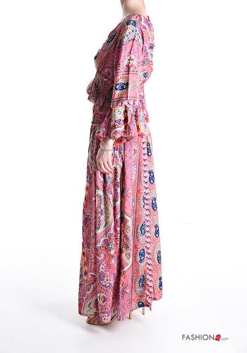 Jacquard print long sleeve wide leg Silk Co-ord with v-neck - ph 3