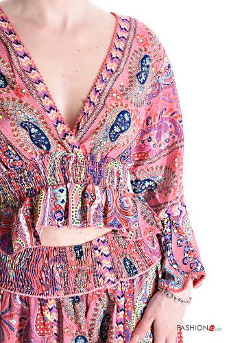 Jacquard print long sleeve wide leg Silk Co-ord with v-neck - ph 4