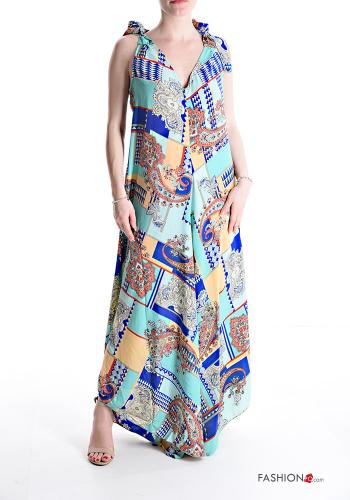 Patterned oversized sleeveless Silk Jumpsuit with bow with v-neck