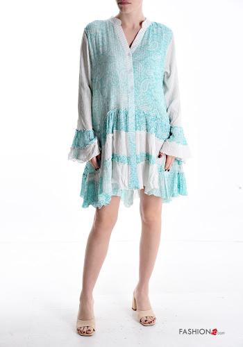 Mix Muster volantärmel lange ärmel Kleid mit Volants mit V-Ausschnitt mit Knöpfen