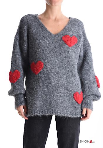 Maglione in Misto Lana maniche lunghe Fantasia cuore scollo a V