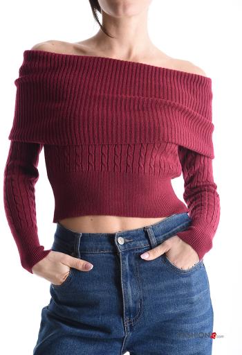 Maglione maniche lunghe costine corto scollo alla bardot