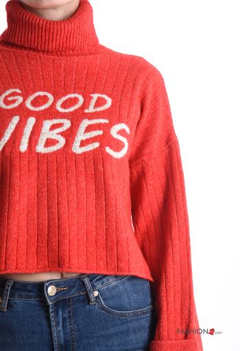 Maglione in Misto Lana costine maniche lunghe Fantasia scritta a collo alto - ph 4