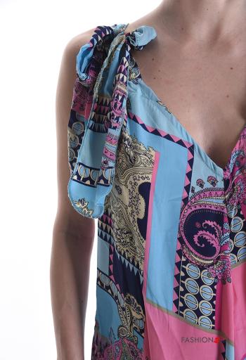 Jumpsuit in Seta regolabile senza maniche Fantasia mista con fiocco scollo a V - ph 4