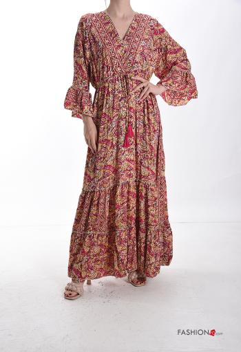 Graphic Print long sleeve Silk Dress with flounces with v-neck