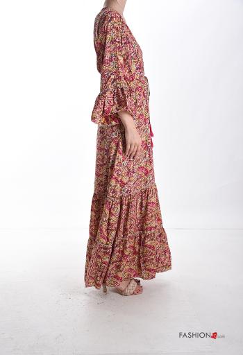 Graphic Print long sleeve Silk Dress with flounces with v-neck - ph 3