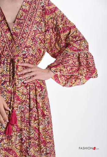 Graphic Print long sleeve Silk Dress with flounces with v-neck - ph 4