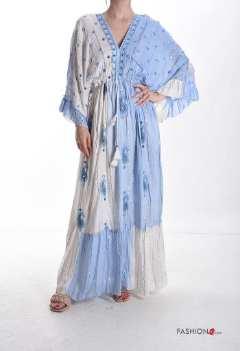Graphic Print long sleeve backless Dress with flounces with v-neck