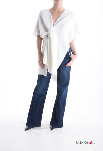 short sleeve Wool Mix Sweater with v-neck with knot - ph 5