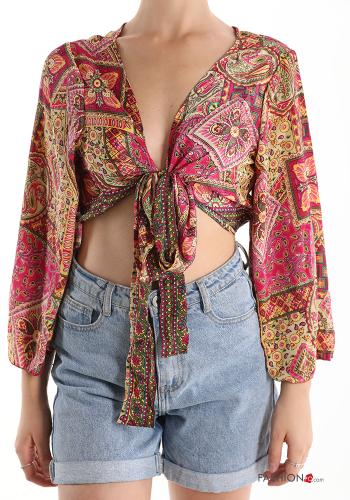 Jacquard print Silk Top with bow with v-neck - ph 1