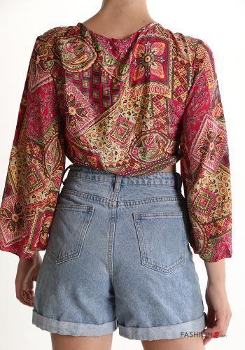 Jacquard print Silk Top with bow with v-neck - ph 2