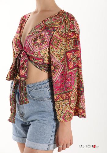 Jacquard print Silk Top with bow with v-neck - ph 3