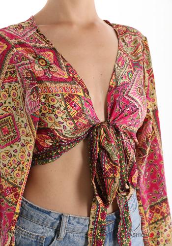 Jacquard print Silk Top with bow with v-neck - ph 4