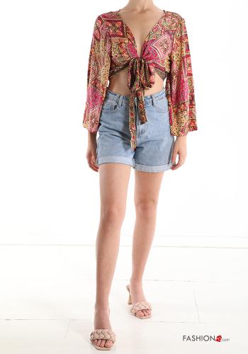 Jacquard print Silk Top with bow with v-neck - ph 5