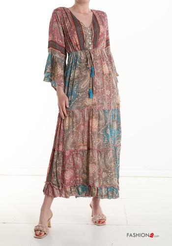 Jacquard-Muster lange Kleid aus Seide mit Volants 3/4 ärmel mit V-Ausschnitt mit Knöpfen
