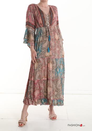 Robe en Soie longue Imprimé jacquard à boutons à volants manches à trois-quarts à col en V