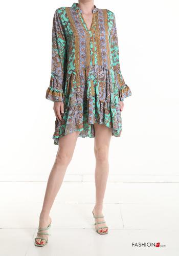 Jacquard print mini Silk Dress 3/4 sleeve with v-neck with flounces with buttons