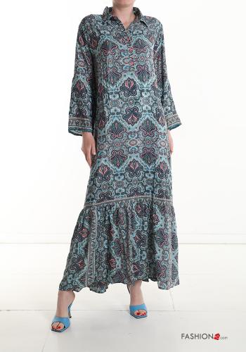 Abito in Seta lungo con colletto Fantasia stampata con balze con bottoni - ph 1