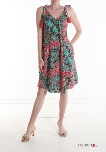 Jacquard print sleeveless knee-length Silk Dress with v-neck