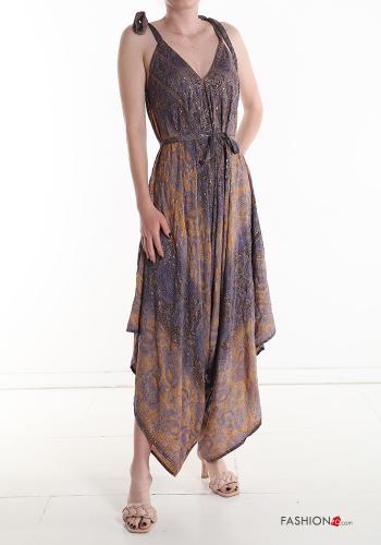 Patterned sleeveless Silk Jumpsuit with v-neck with sash - ph 1