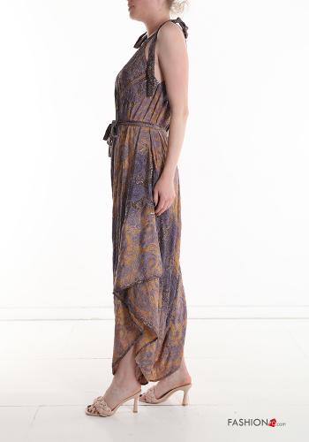 Patterned sleeveless Silk Jumpsuit with v-neck with sash - ph 3
