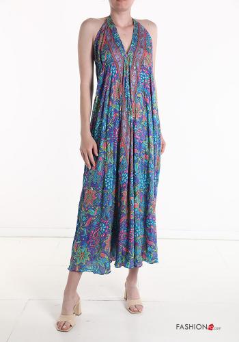 Jacquard print long backless Silk Dress with v-neck - ph 1