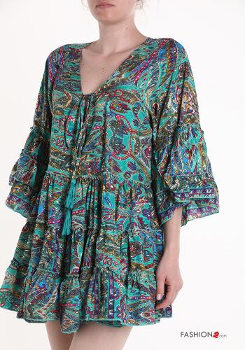 Abito in Seta corto Fantasia jacquard maniche a tre quarti con balze scollo a V - ph 4