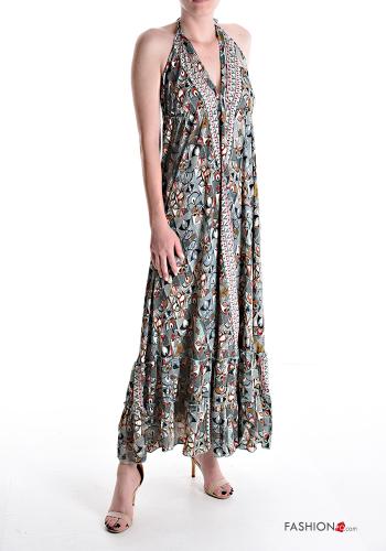 Patterned sleeveless long Silk Dress with flounces with v-neck