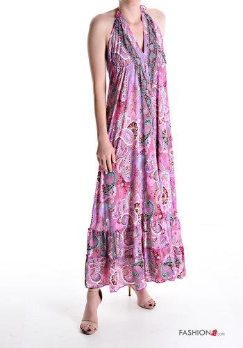 Jacquard print sleeveless long Silk Dress with flounces with v-neck