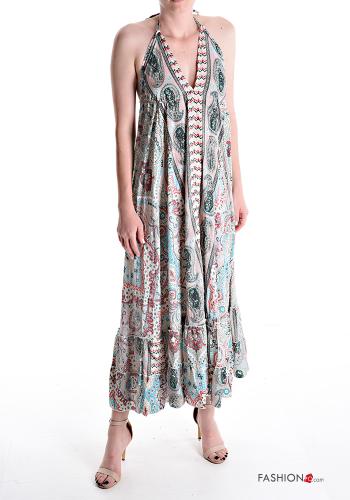 Jacquard print sleeveless long Silk Dress with flounces with v-neck - ph 1
