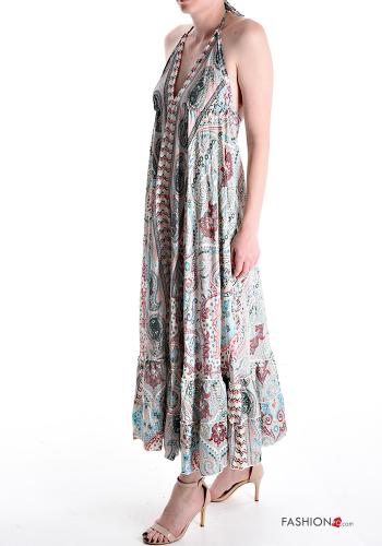 Jacquard print sleeveless long Silk Dress with flounces with v-neck - ph 3