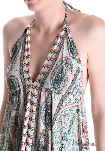 Jacquard print sleeveless long Silk Dress with flounces with v-neck - ph 4