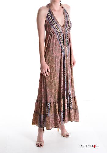 Robe en Soie sans manches longue Imprimé jacquard à volants à col en V