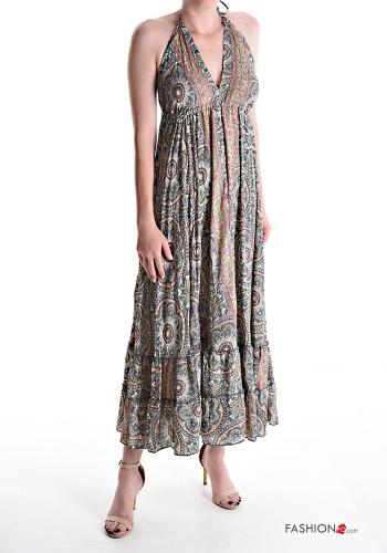 Patterned sleeveless long Silk Dress with flounces with v-neck