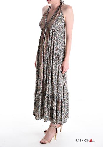 Patterned sleeveless long Silk Dress with flounces with v-neck - ph 3