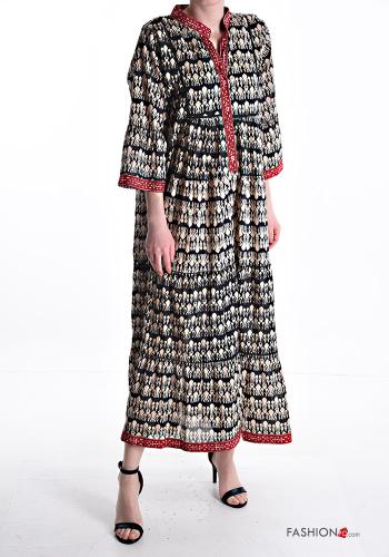 Patterned long Cotton Dress with flounces 3/4 sleeve with buttons