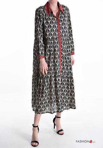 Patterned long Cotton Dress with flounces with v-neck with buttons