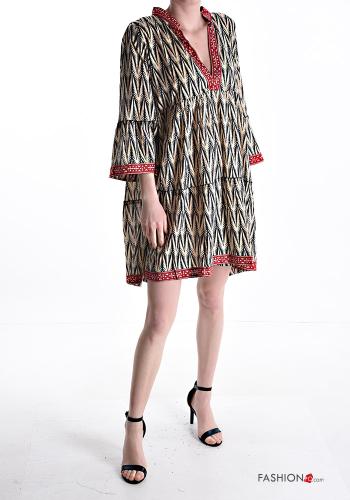 Patterned mini Cotton Dress with flounces 3/4 sleeve with v-neck - ph 1