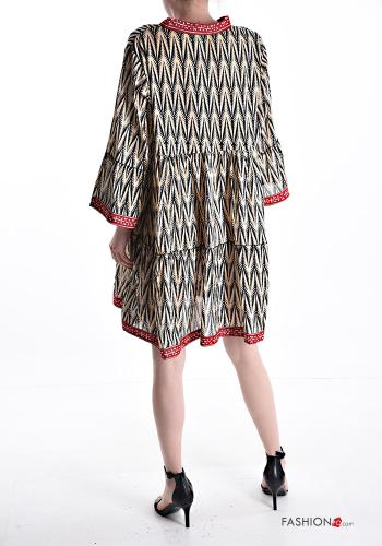 Patterned mini Cotton Dress with flounces 3/4 sleeve with v-neck - ph 2