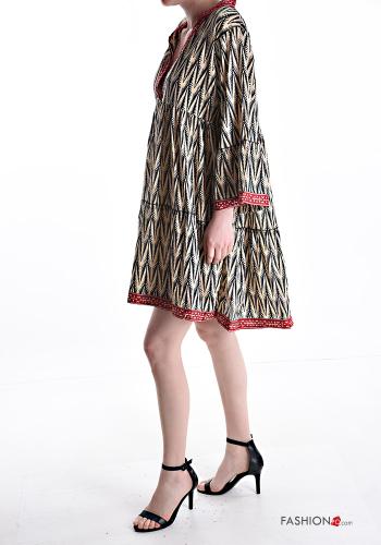 Patterned mini Cotton Dress with flounces 3/4 sleeve with v-neck - ph 3